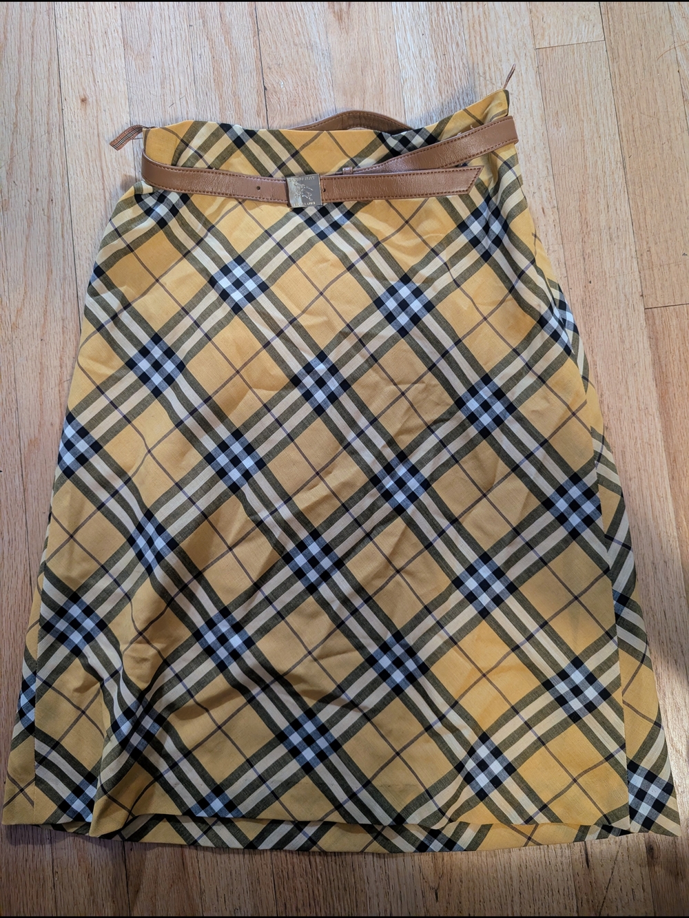 Authentic Burberry Blue Label Yellow Plaid A-Line Skirt with Tan Belt